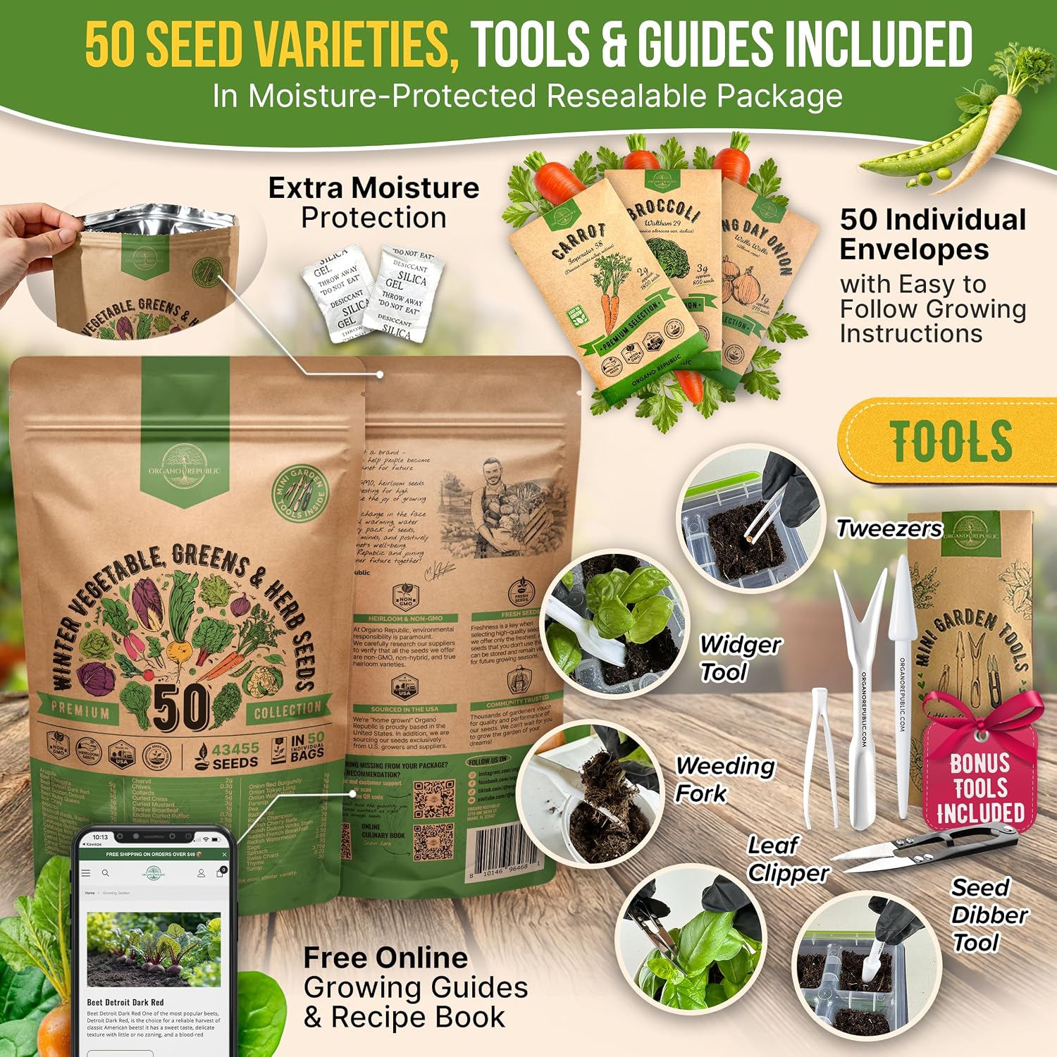 50 Winter Vegetable Garden Seeds Variety Pack - 43,450+ Non-GMO Heirloom Seeds for Outdoors & Indoor Home Gardening