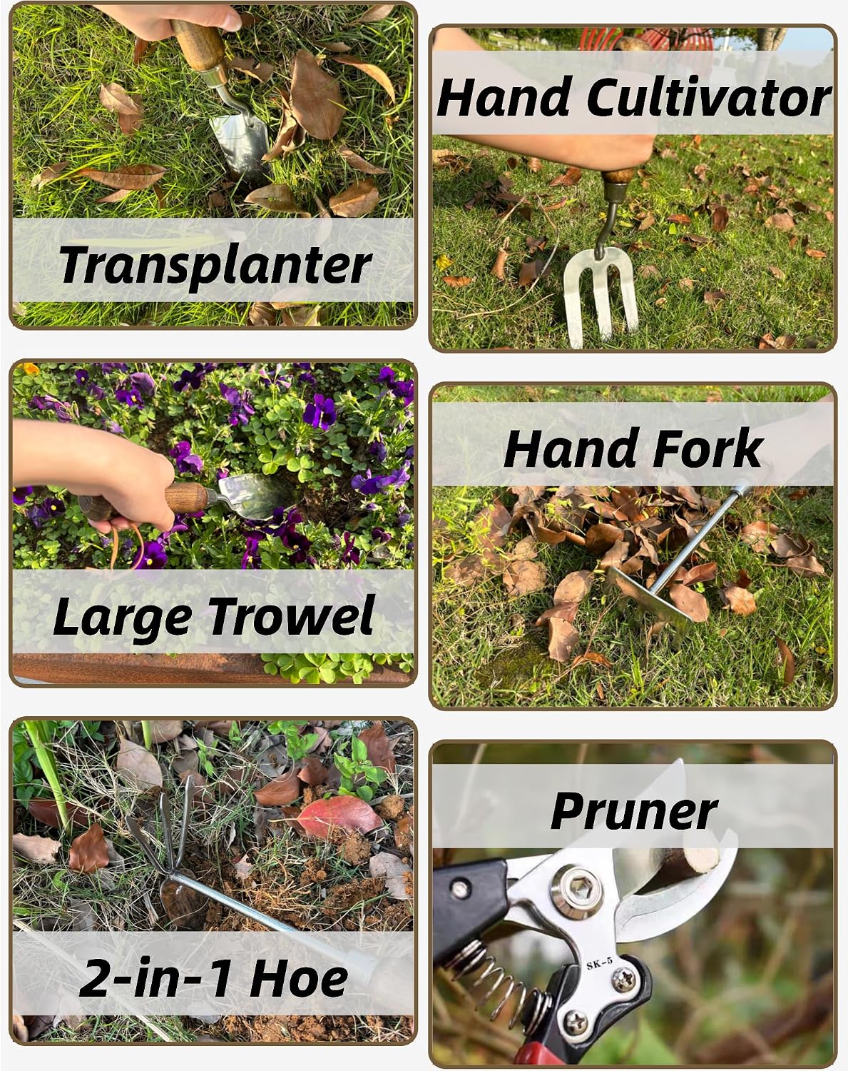 Garden Tool Set, 6PCS Heavy Duty Stainless Steel Gardening Hand Tools with Ropes, Includes Hand Cultivator Shovel