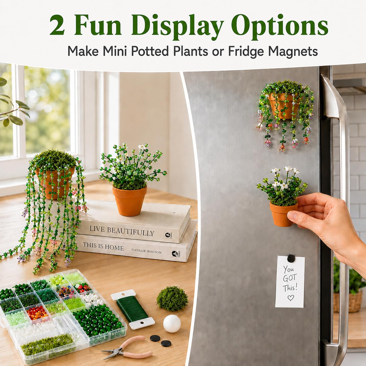 LWPFSD Beaded Plant Kit with 2 Mini Pots and Fridge Magnets | DIY Bead Plant Making Kit with Plant Beads, Craft Wire