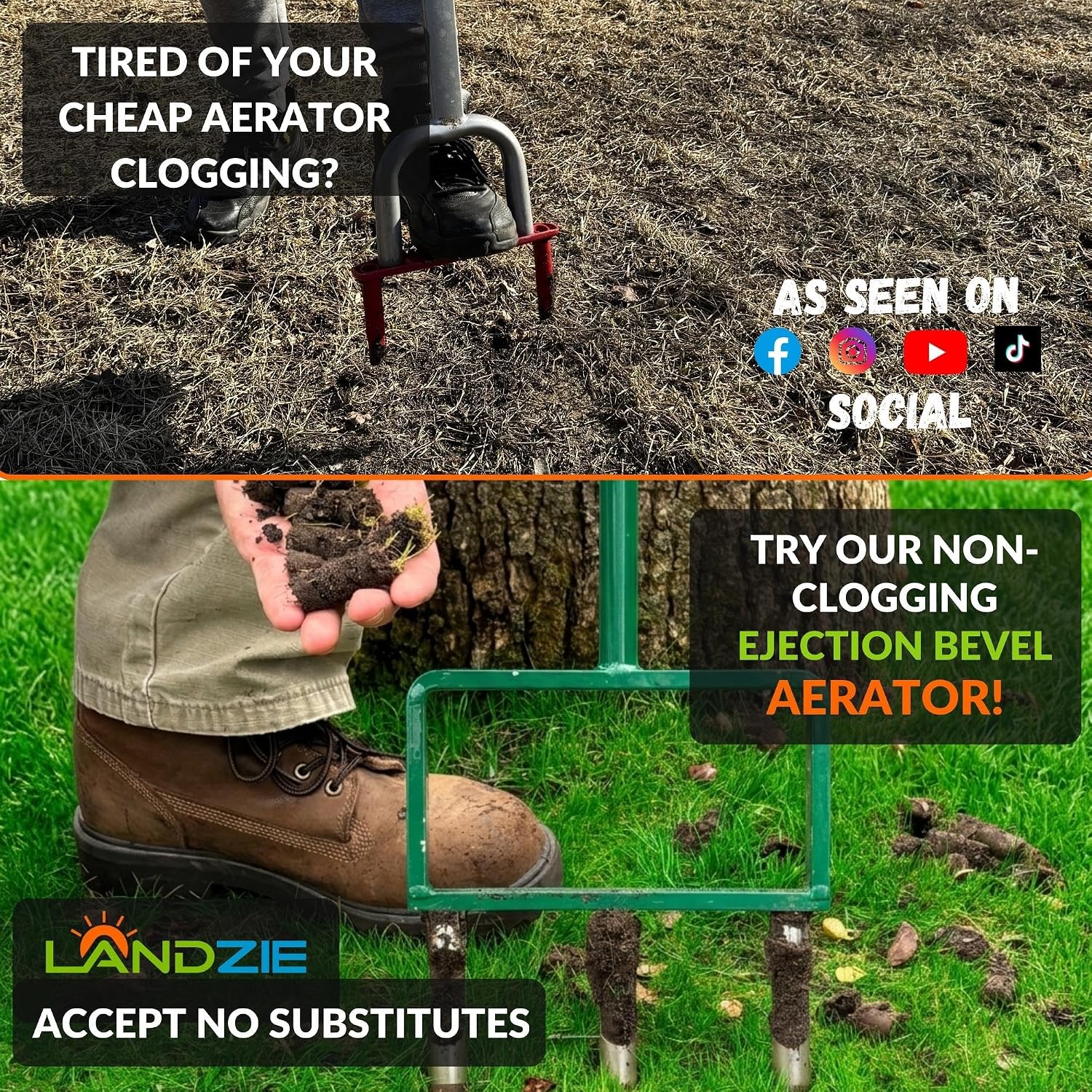 The Original Hollow Tine Lawn Aerator Tool - 42 Inch Core Aerator and Grass Aeration Tool Lawn Tools - Stainless Steel