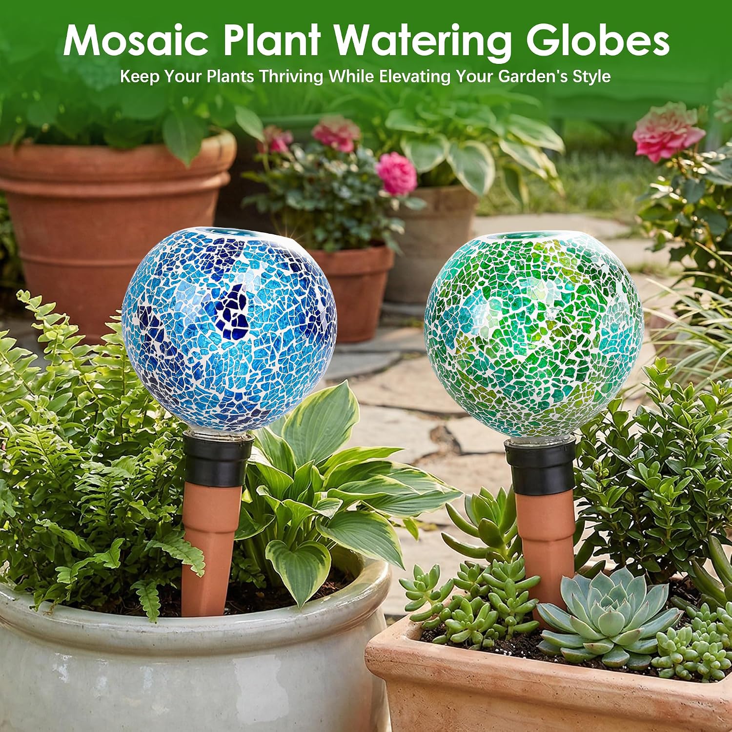 Terracotta Watering Spikes Mosaic Plant Watering Globes 2 Pack | Automatic Plant Waterer for Indoor, Outdoor & Garden