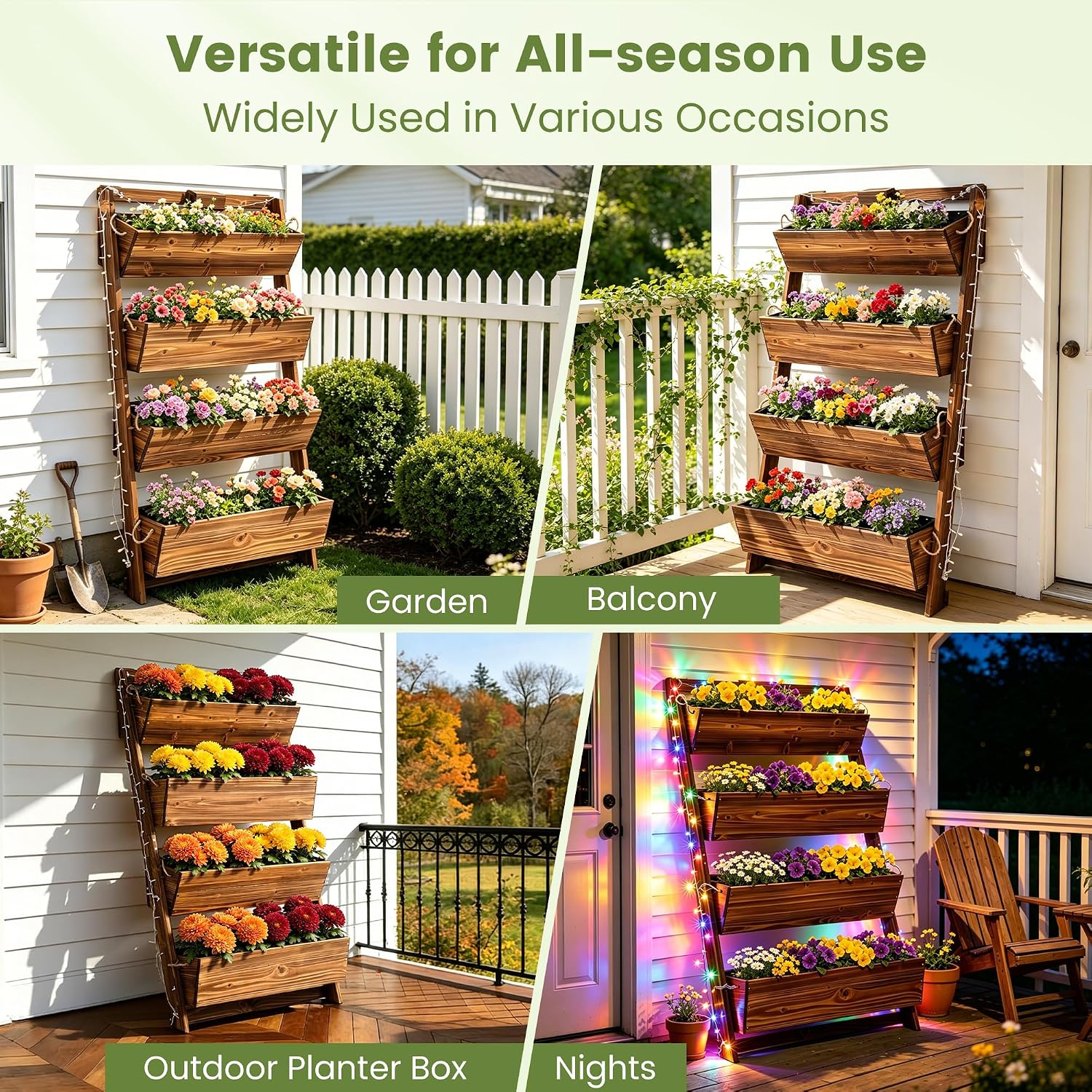 51" 4-Tier Vertical Garden Planter with LED Lights | Wooden Raised Garden Bed for Outdoor Herbs & Flowers, Wall-Leaning