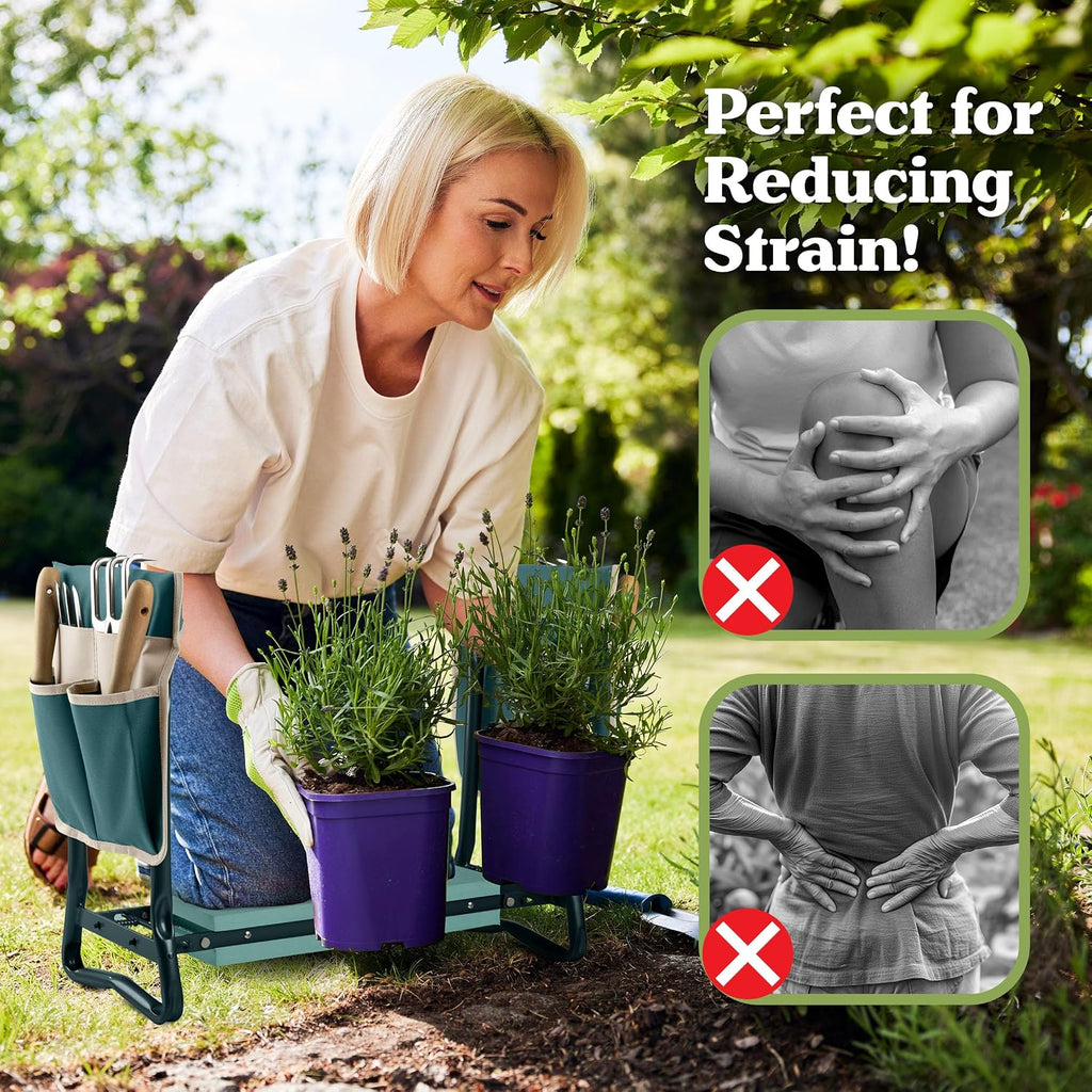 Pure Garden 2-in-1 Foldable Garden Kneeler and Seat, Green | Garden Kneeling Pad Stool - Removable Pockets for