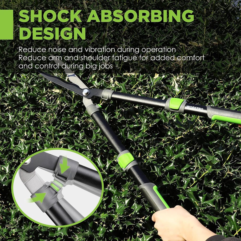 WORKPRO Extendable Hedge Shear, 25"-33" Manual Hedge Clipper/Bush Cutter | Gardening Shears, Steel Wavy Blade, Shock