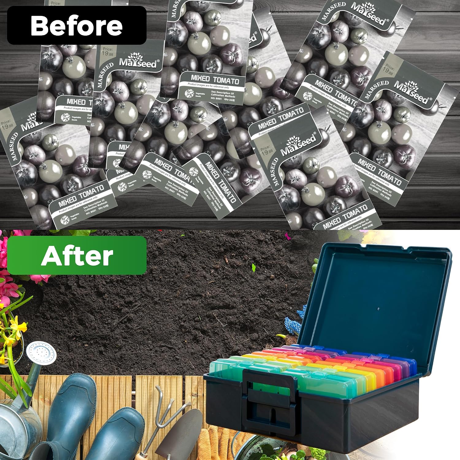 Dark Green Seed Packets Storage Organizer For Gargen Planting，16pcs 4×6 inch Colorful Seed Boxes With 16 pcs seed bags