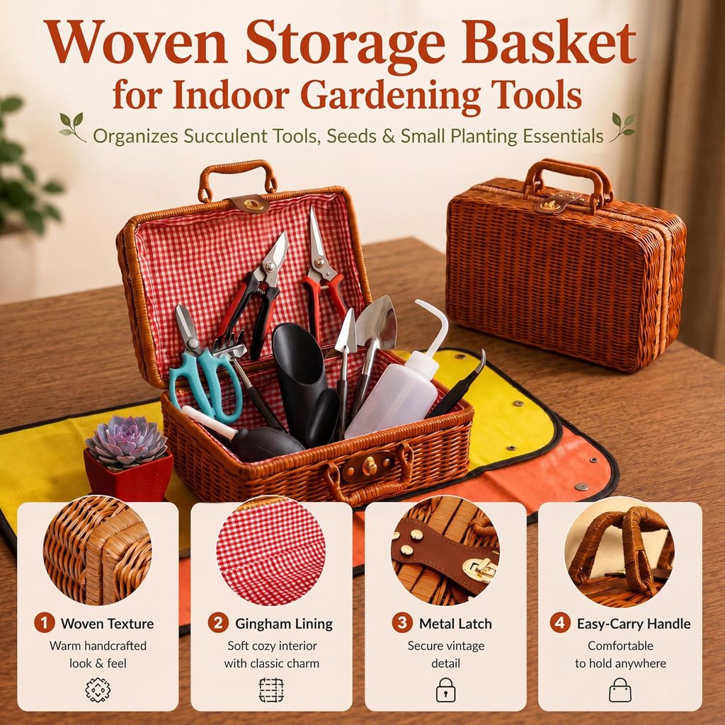 Repotting Mat and Planting Tools, Indoor Plants, Wicker Basket | All-in-one succulent repotting set, pruning shears