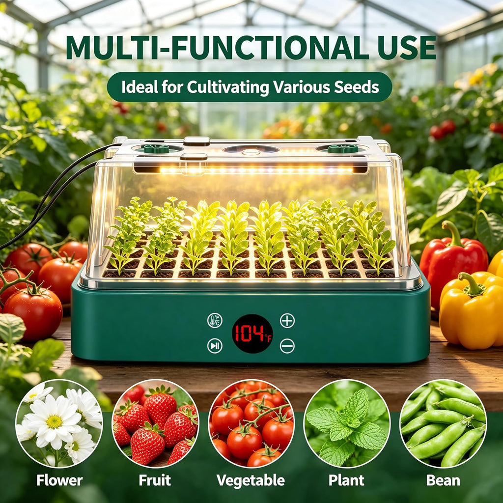 40-Cell Heated Seed Starter Kit with Grow Light & Humidity Dome | 1-24H Timer LED Light, Integrated Heat, Independent