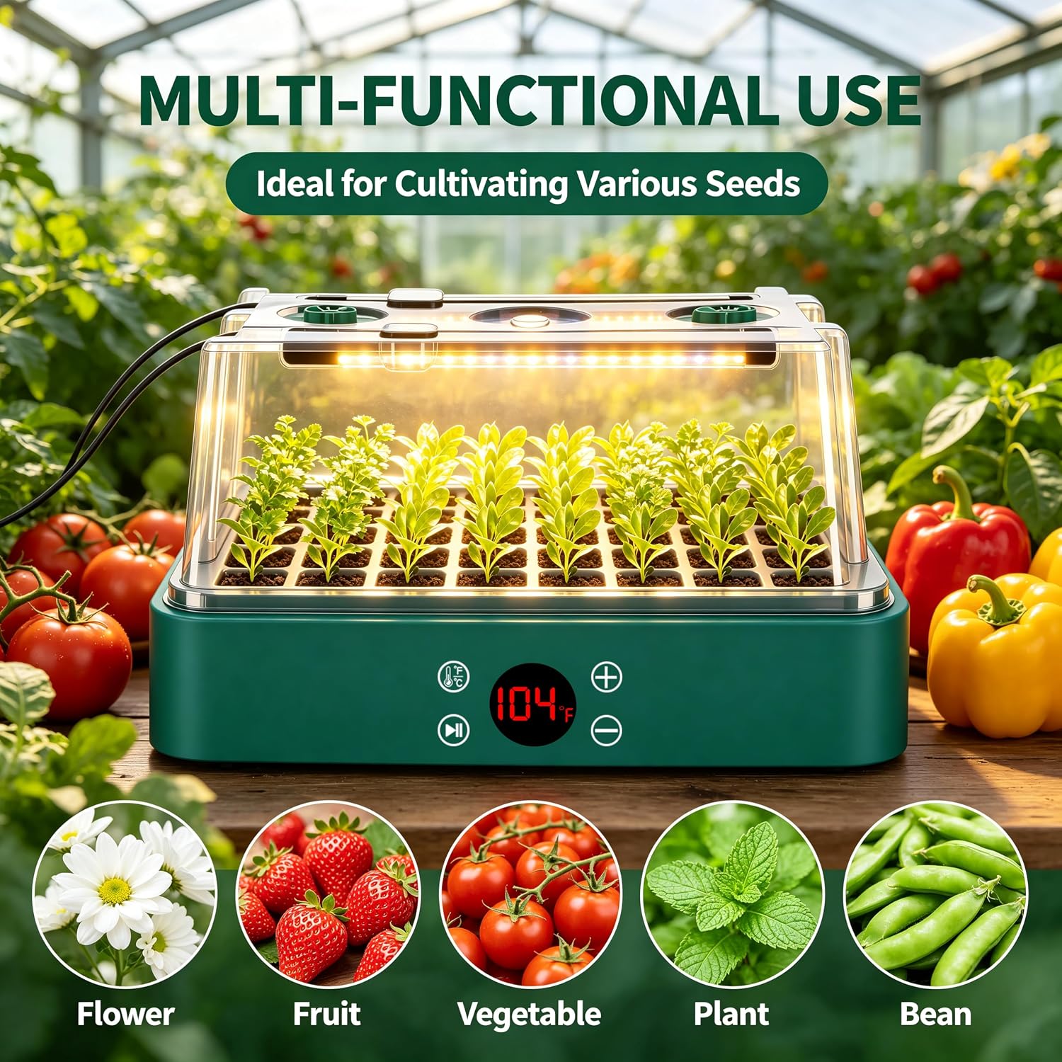 40-Cell Heated Seed Starter Kit with Grow Light & Humidity Dome | 1-24H Timer LED Light, Integrated Heat, Independent