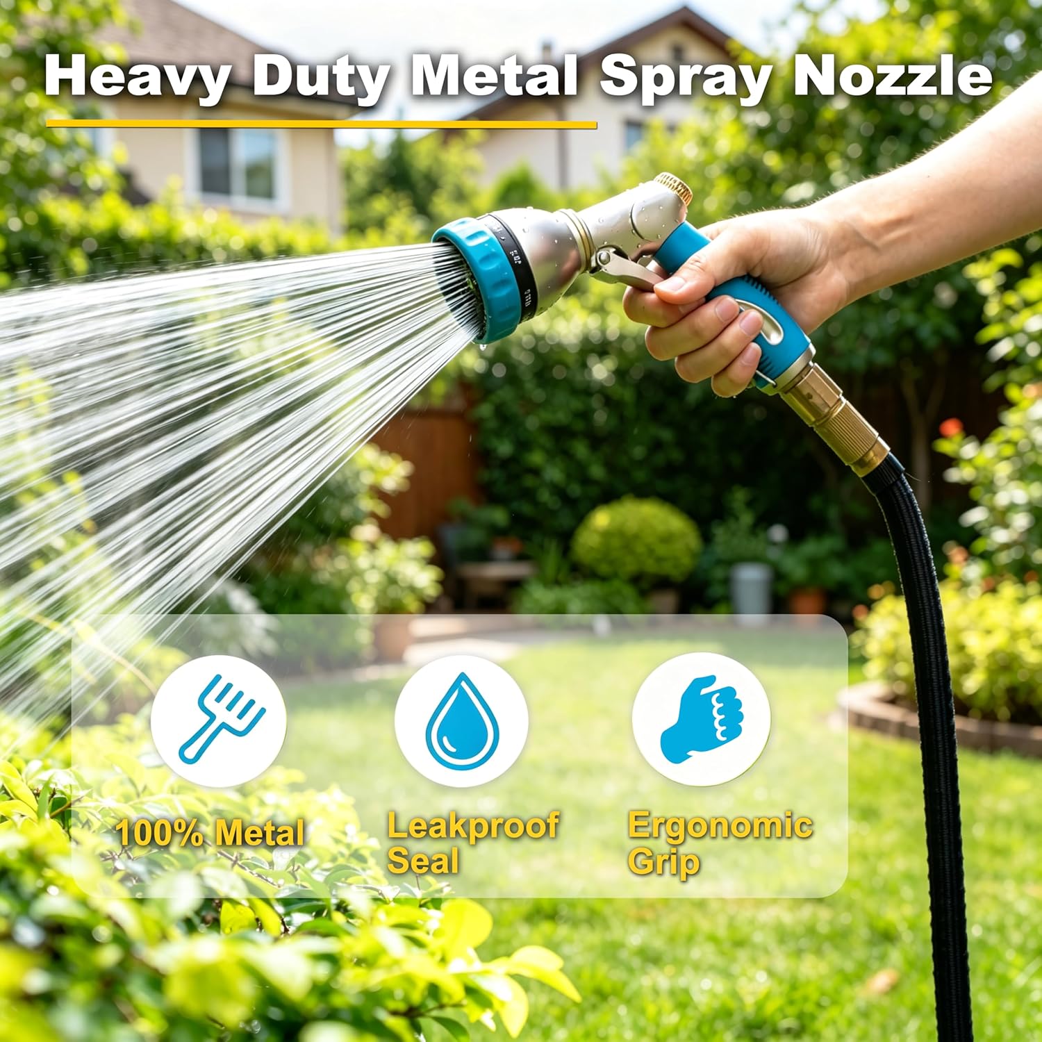 FANHAO Metal Garden Hose Nozzle Heavy Duty, 8 Spray Patterns, High Pressure | Comfortable Non-Slip Handle, Hands-Free