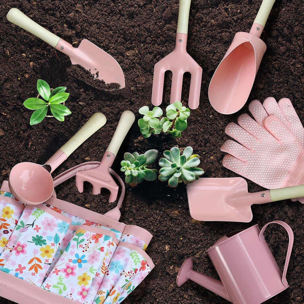 Qtioucp Kids Gardening Set 14Pcs Garden Tools with Tote Bag,Watering Can, Shovel, Apron, Garden Book and More