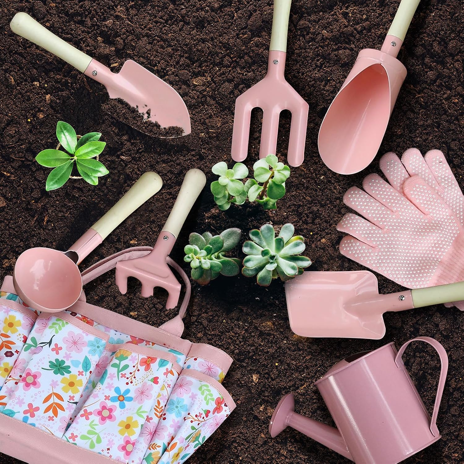 Qtioucp Kids Gardening Set 14Pcs Garden Tools with Tote Bag,Watering Can, Shovel, Apron, Garden Book and More