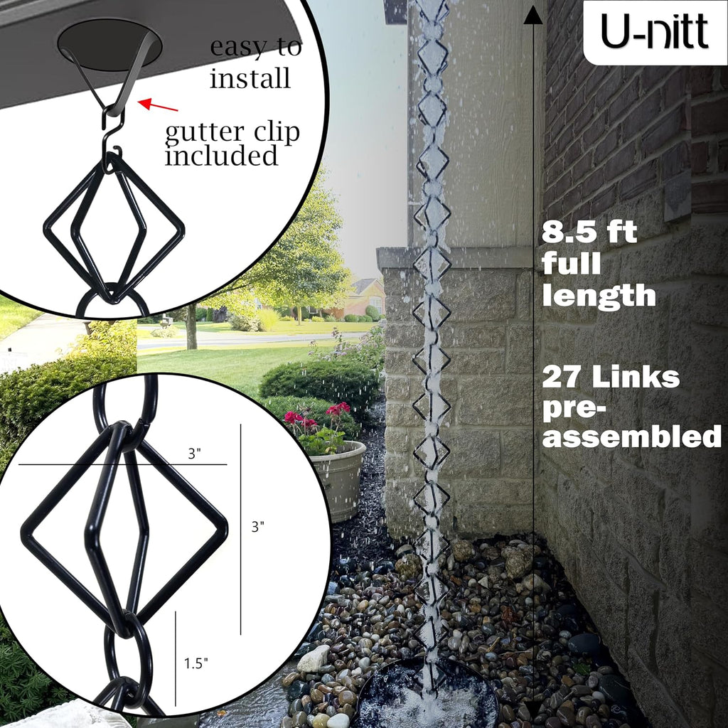 U-nitt Rain Chain Water Collection for Gutters Rainwater Catcher & Diverter, 8.5 FT Chains for Outside Garden, Black