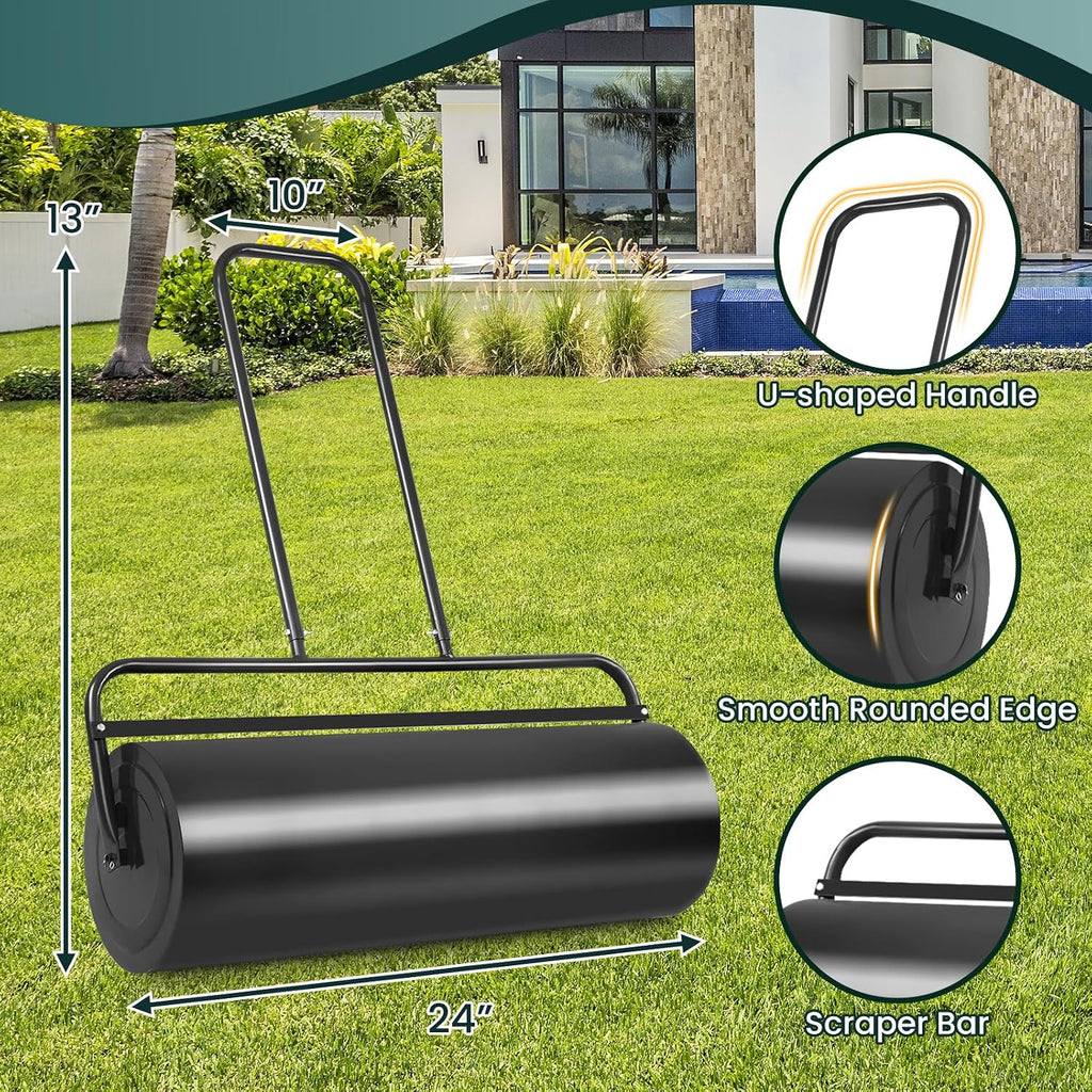 Lawn Roller, 13x24-Inch, 48L/ 13 Gallons Heavy-Duty Push/Tow Behind Water/Sand Filled Garden Drum Roller for Park