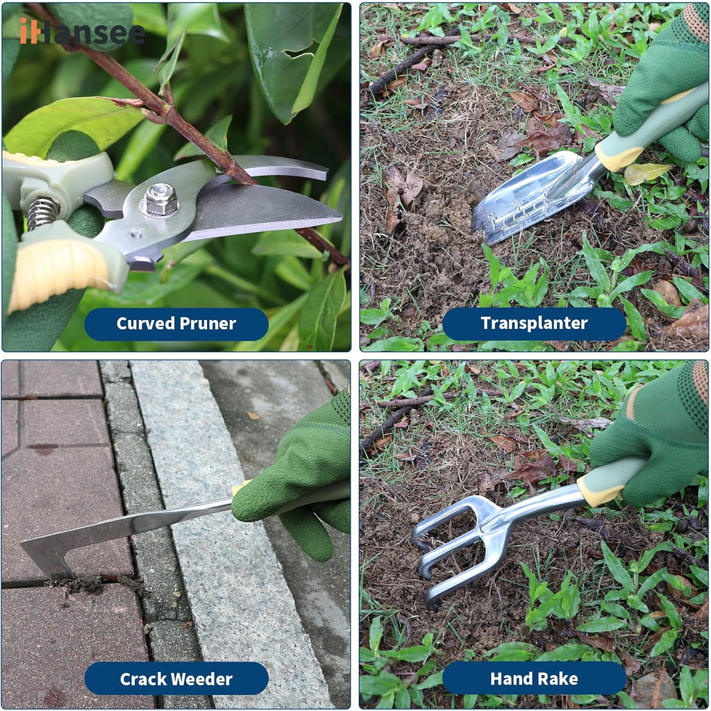 Green Garden Tools Set 12-Piece, Gardening Gifts for Women Men | Aluminum Gardening Hand Tools with Non-Slip Ergonomic