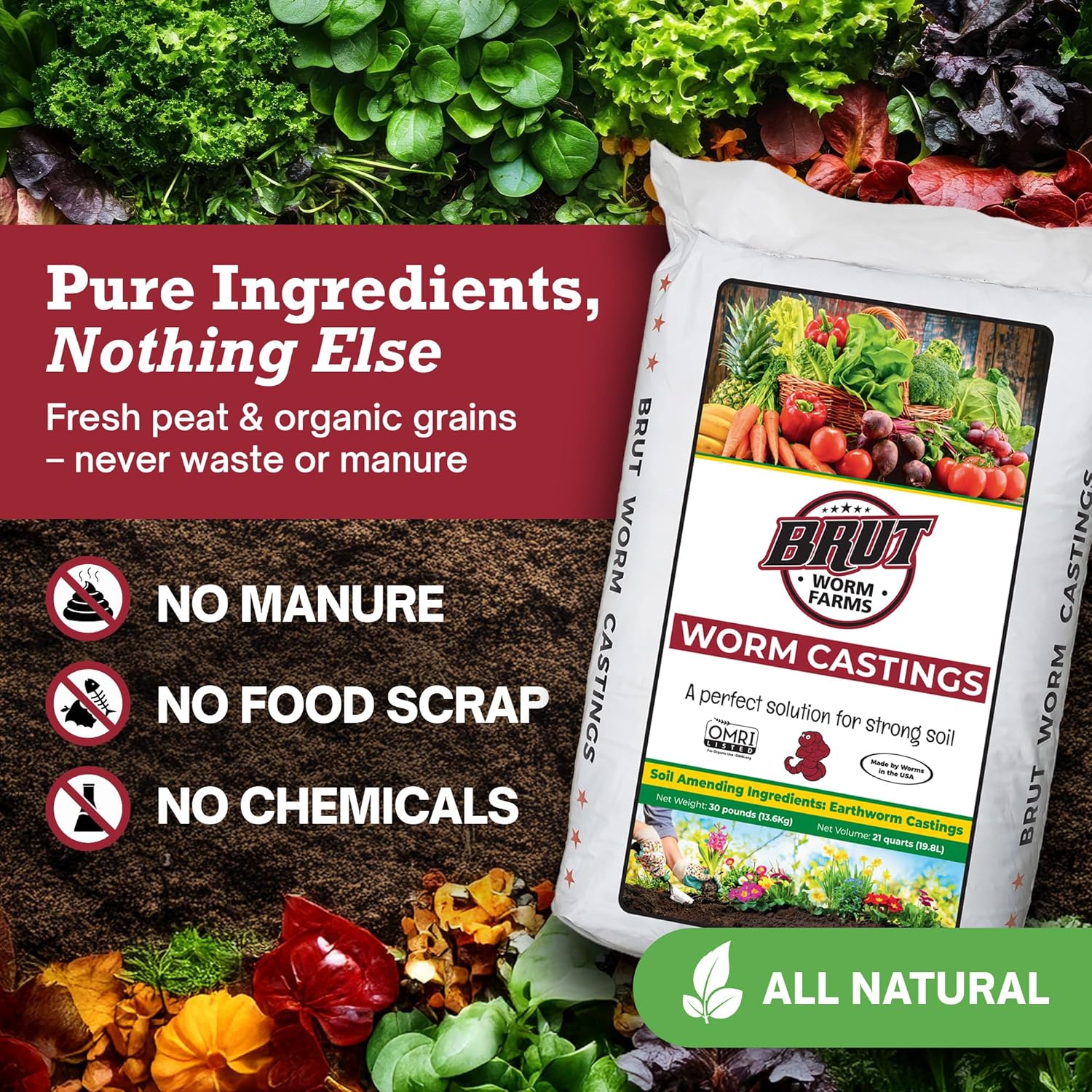 Brut Worm Farms Organic Worm Castings, Natural Fertilizer for Plants, 30 lb | Mineral-Rich Potting Mix Additive & Plant