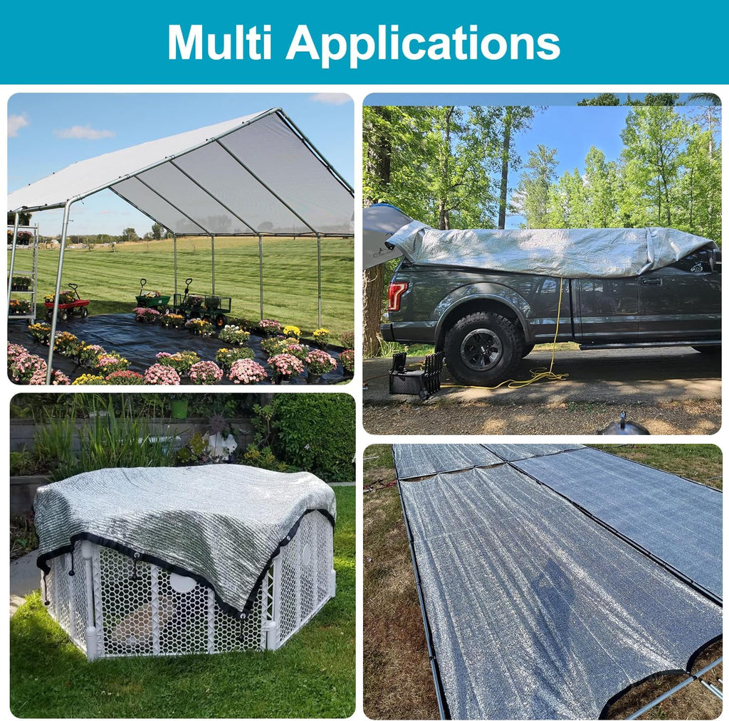 LOVE STORY 99% 10x20FT Aluminum Shade Cloth Reflective Sun Shade Cover Silver Tarp with Grommets for Car Garden Patio