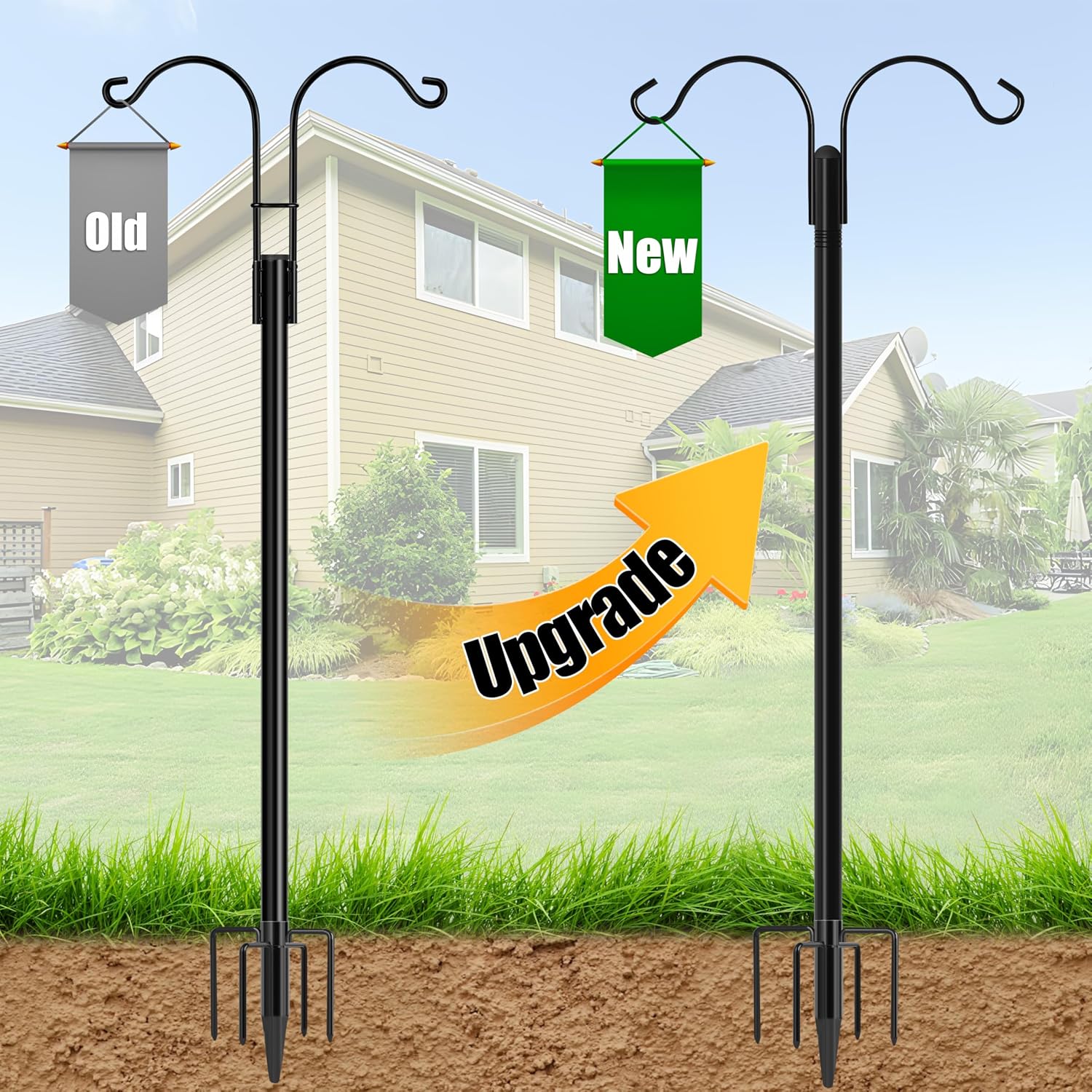 Double Shepherds Hooks for Outdoor, 2-Pack Heavy Duty Garden Pole for Hanging Bird Feeder, Plant Baskets, Solar Light