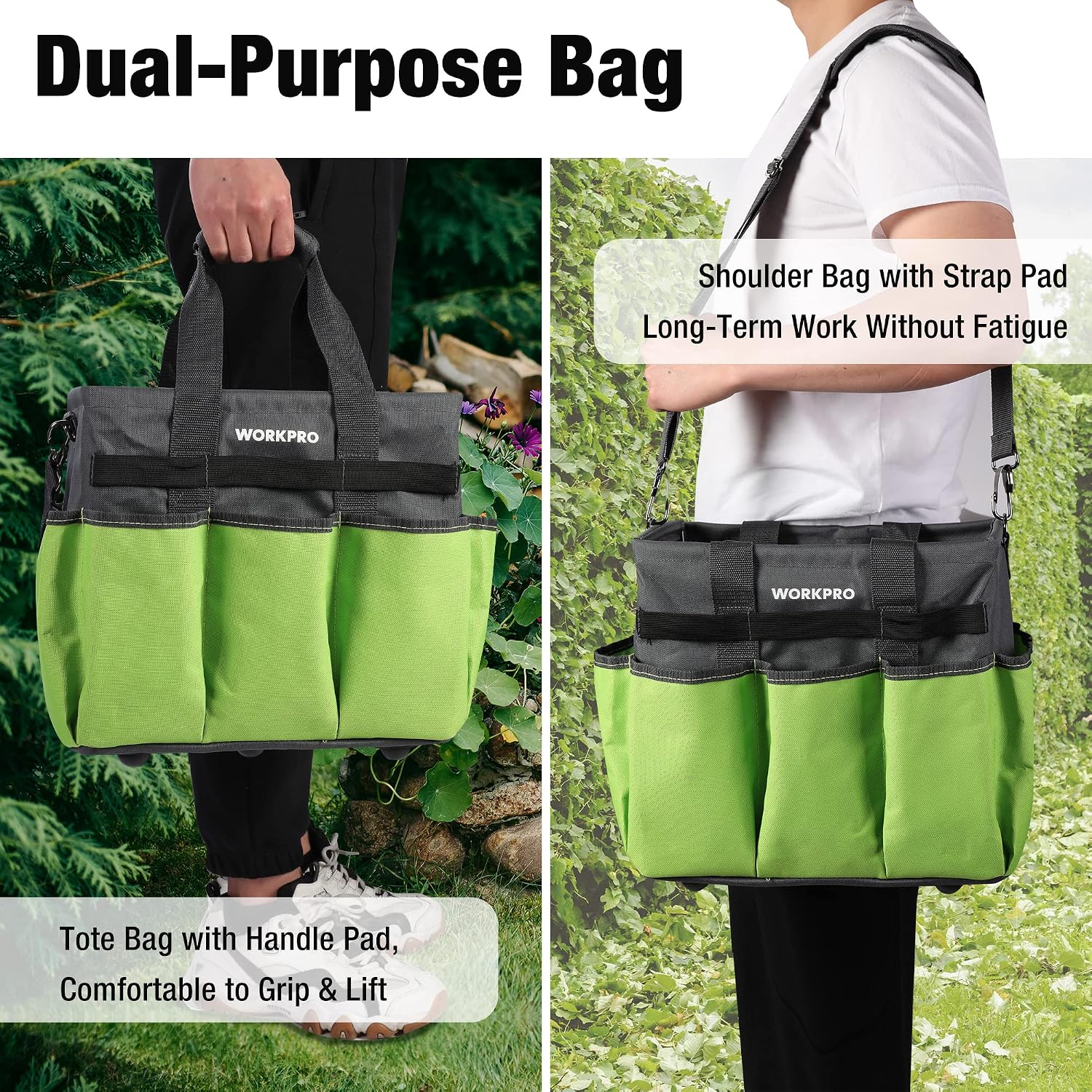 WORKPRO Garden Tool Bag, 10 Pockets and Shoulder Strap, Green | Heavy Duty Gardening Organizer Tote Bag, Standable