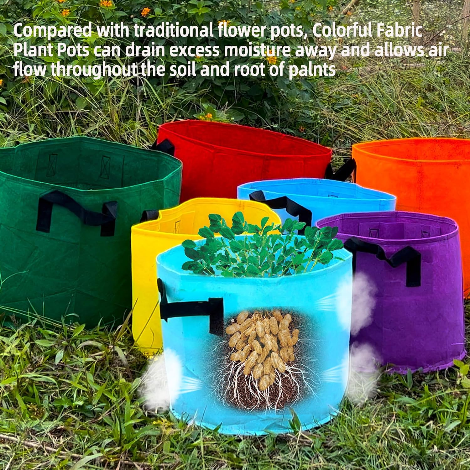 10-Gallon Fabric Grow Bag (7 Pack of Mix Colors) with Handles for Vegetable | Breathable Fabric, Sturdy Handles