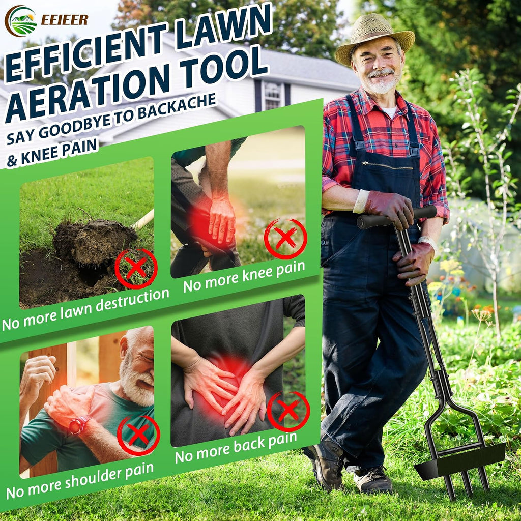 EEIEER Manual Lawn Aerator Tool with Soil Storage Basket - 2025 Upgraded Aerator Lawn Tool, 3 Tines Yard Aerators with