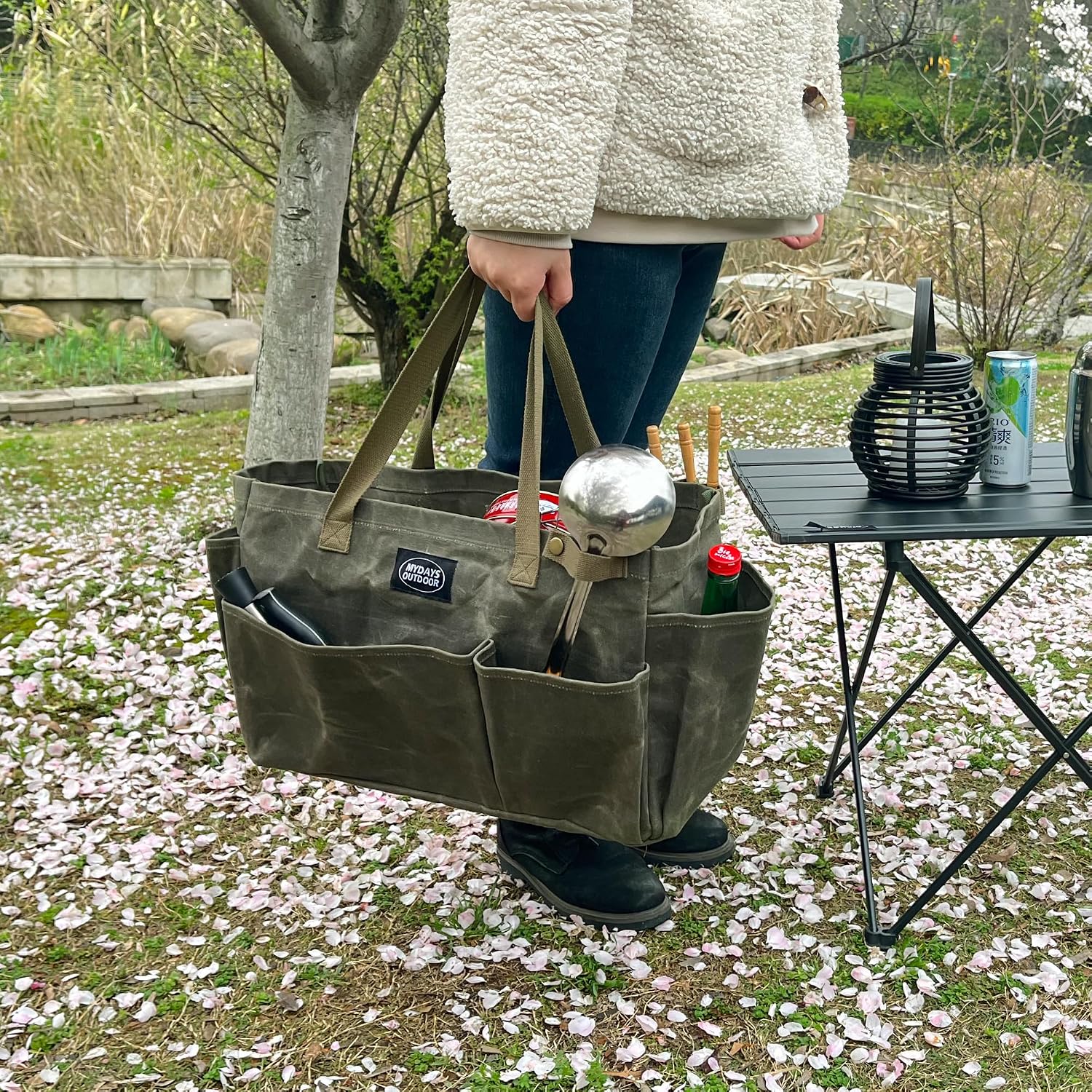 Portable Garden Camping Tool Storage Bag,Waxed Canvas Firewood Carrier Tote bag,Collapsible Sturdy Garden Basket Great