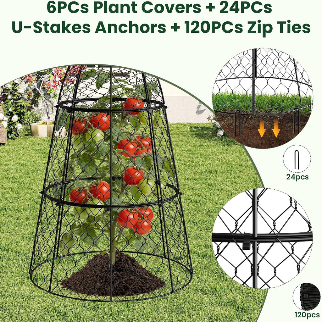 6 Pack Garden Cloche Plant Protectors from Animals, Adjustable 3-Tier Chicken Wire Plant Cages for Outdoor Plants