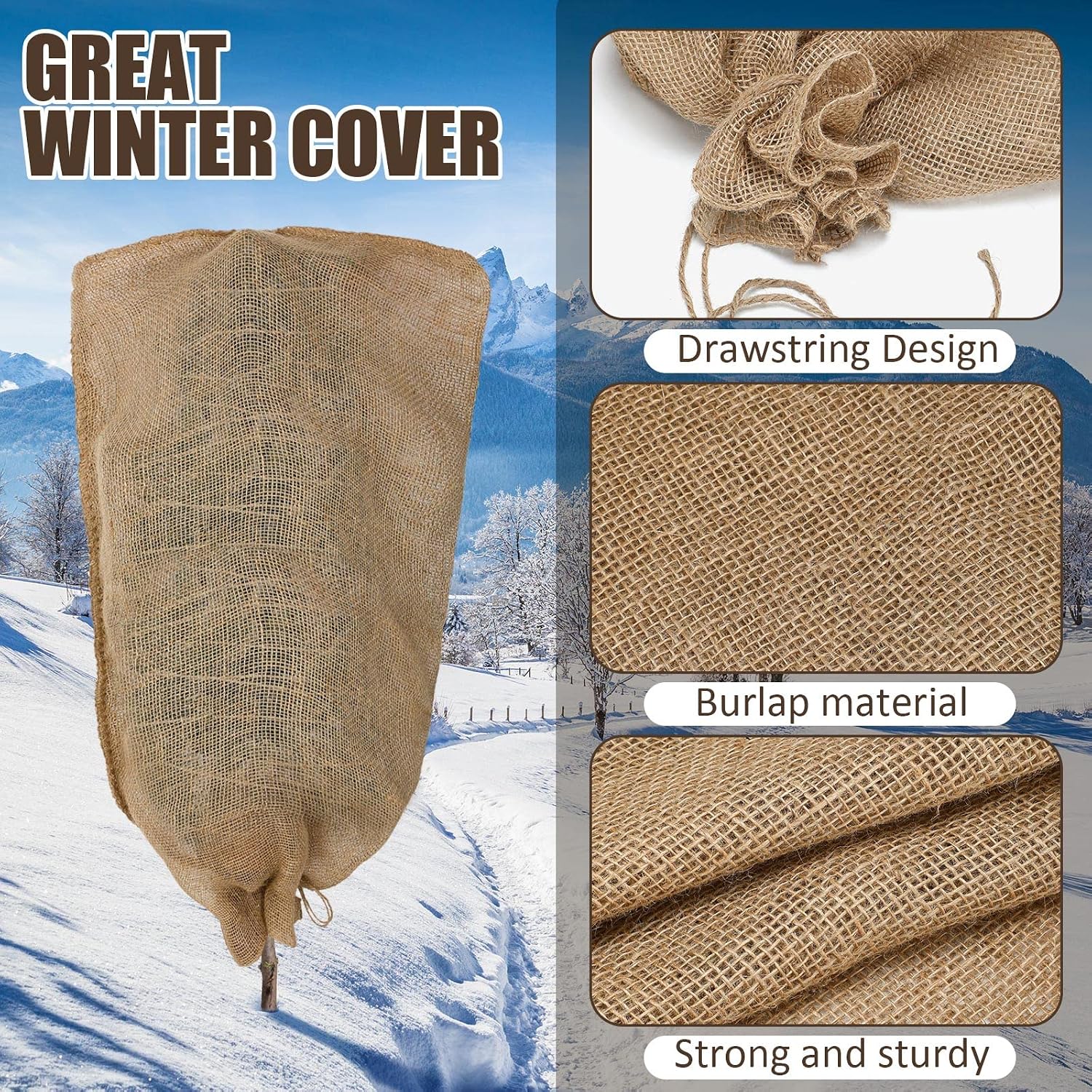 Woanger 6 Pcs 40" x 24" Reusable Winter Burlap Plant Covers Bags Warm with Drawstring Large Sack Plant Blanket Burlap
