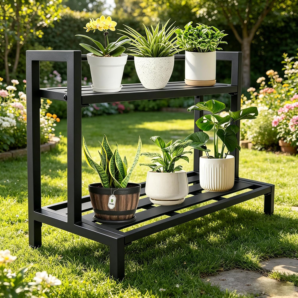 Aluminum Plant Stand Lightweight, Heavy-Duty Metal Plant Shelf | 2-Tier Rustproof Indoor Outdoor Flower Rack for Patio