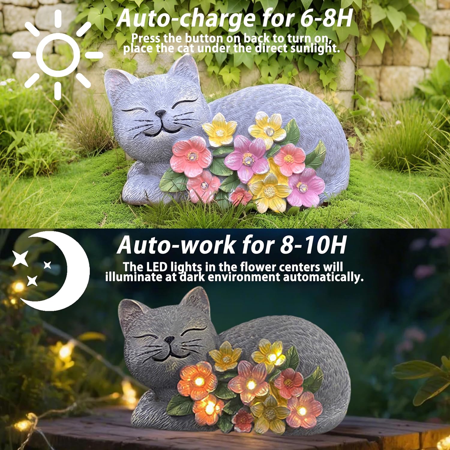 Solar Cat Garden Statue, Resin Solar Cat Lights for Outside | Outdoor Cat Statues with Flower for Lawn Porch Yard Art