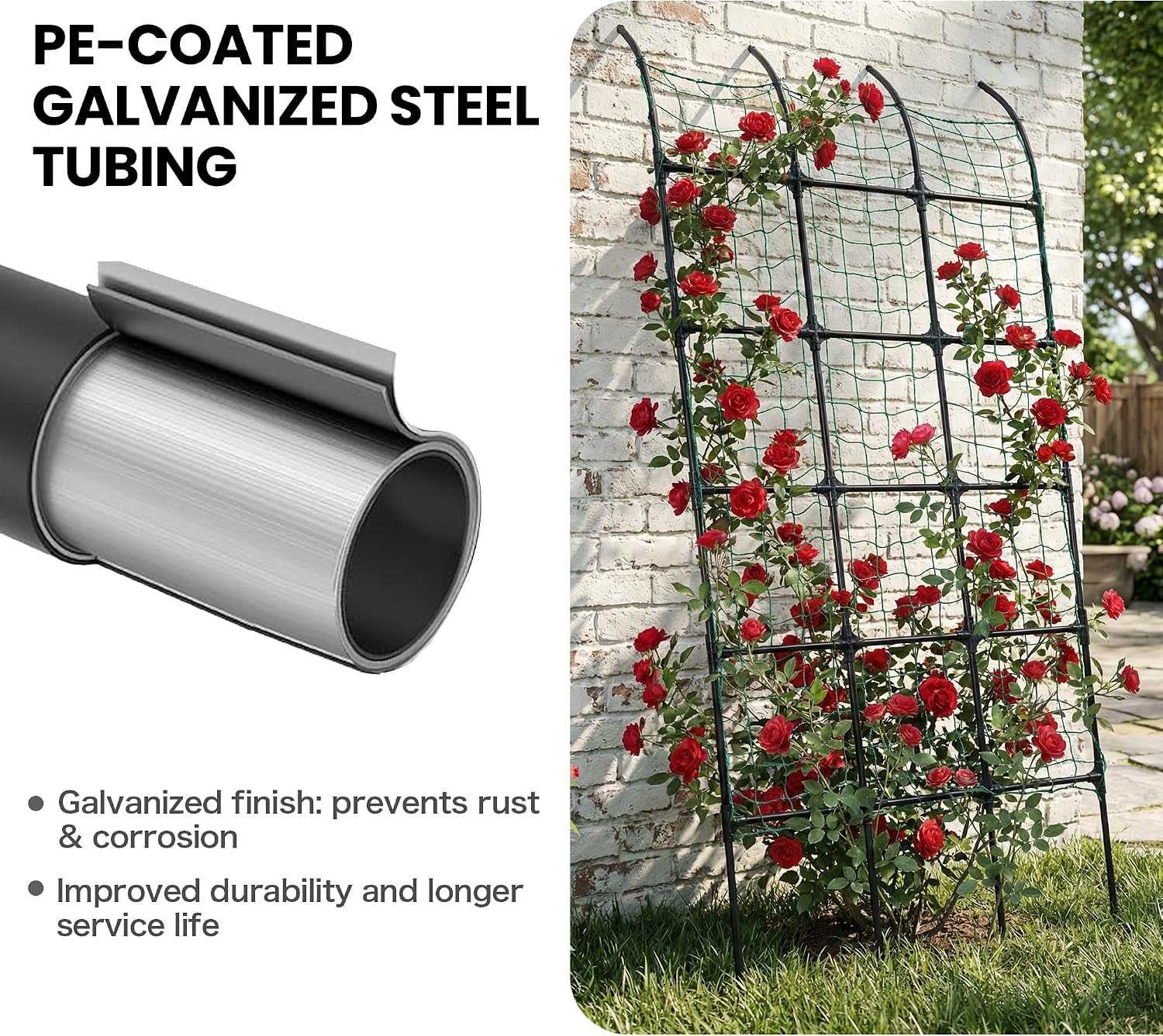 7.2 ft No-Drill Leaning Garden Trellis for Climbing Plants | PE-coated galvanized steel frame resists rust and creates