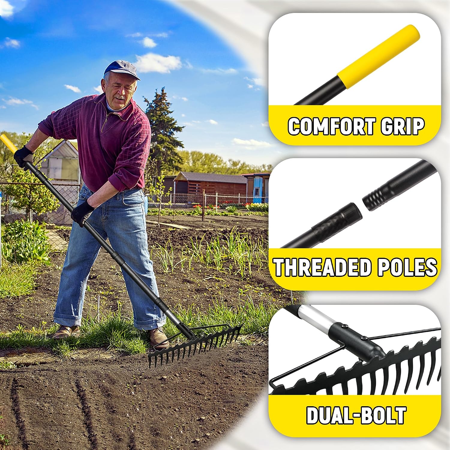 Bow Rake, 68-Inch Adjustable Handle Garden Rake with 17 Steel Tines, Heavy Duty Dual-Sided Metal Rake Landscape