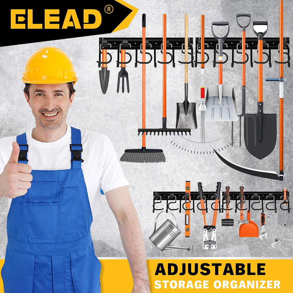 68'' All Metal Adjustable Garden Tool Organizer: Garage Tool Organizer Wall Mount with Black Hooks, Garage Organizers