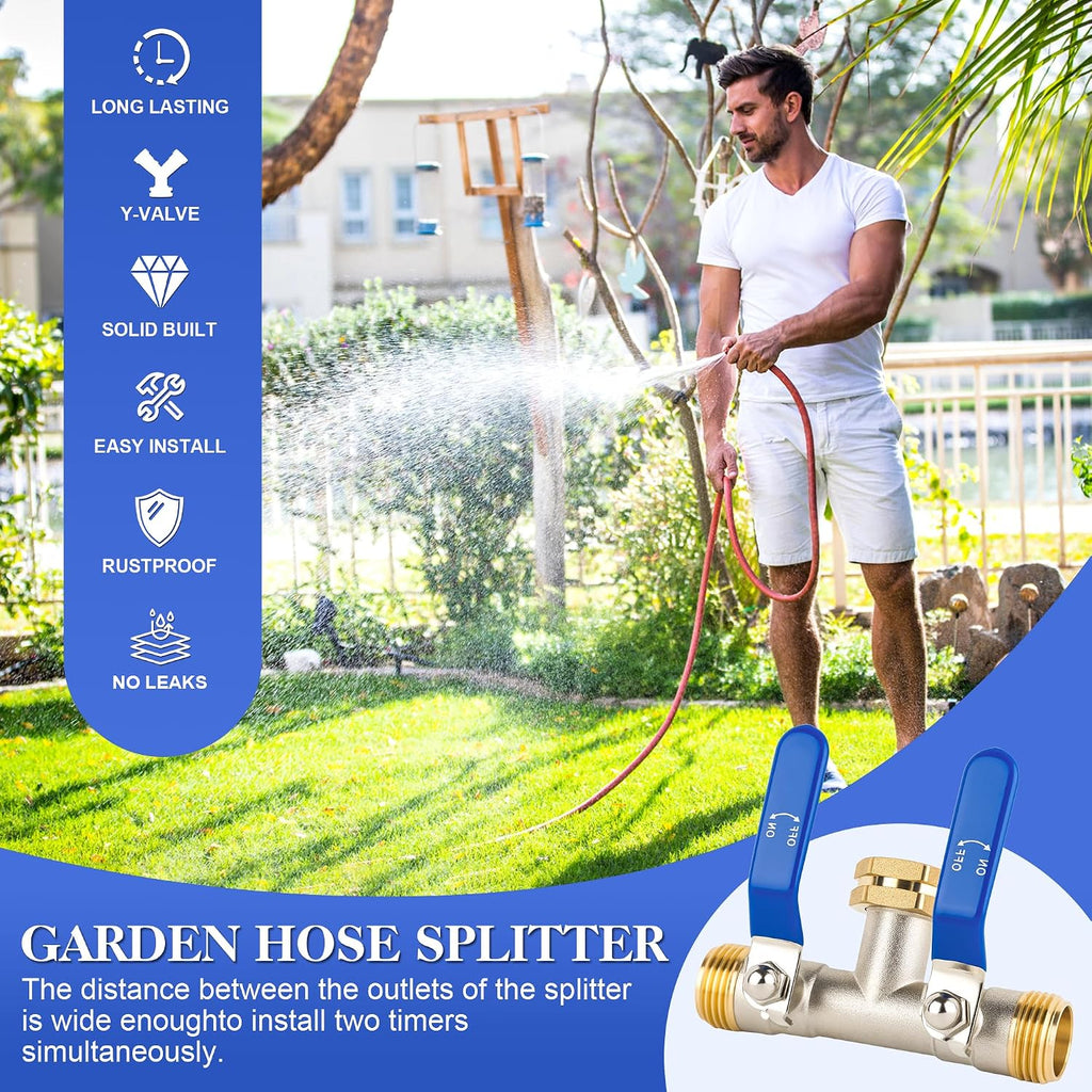 EJW Hose Splitter 2 Way, Garden Hose Splitters, 2 Way Faucet Splitter, Water Spigot Splitter, RV Brass Hose Splitter