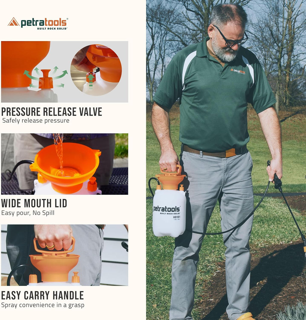 PetraTools HD101 Garden Pump Sprayer, 52-in Long Hose & 2 Nozzles, 1 Gallon | Weed Sprayer 1 Gallon w/ Easy Carry