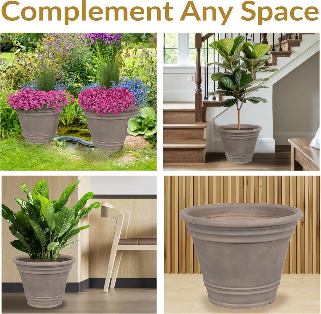 Sunnydaze Franklin 20'' Large Plastic Planter Pot for Plants, Beige, 2pk | 10.6-Gallon Capacity, Large Plastic Planter