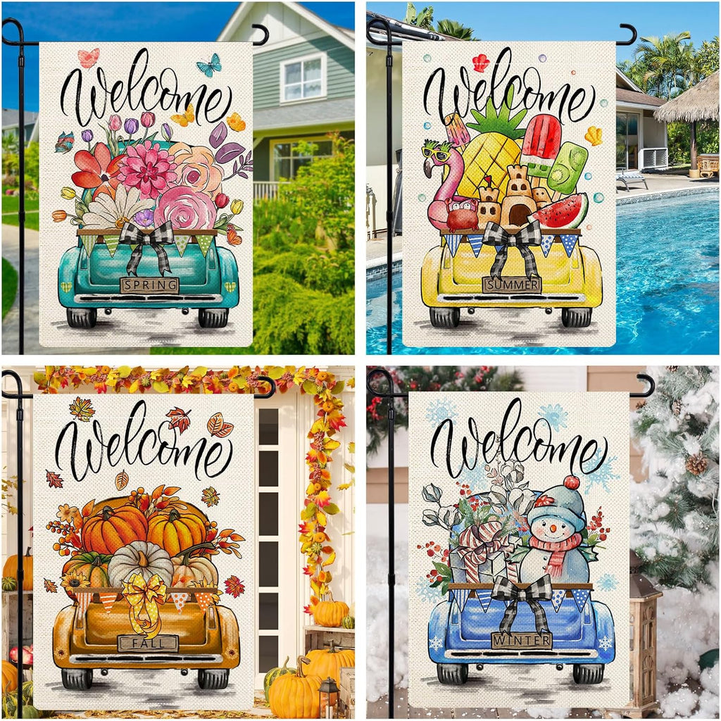 Rustic Truck Garden Flags for Outside Set of 12, Car Welcome Seasonal Garden Flags 12x18 Double Sided for All Seasons