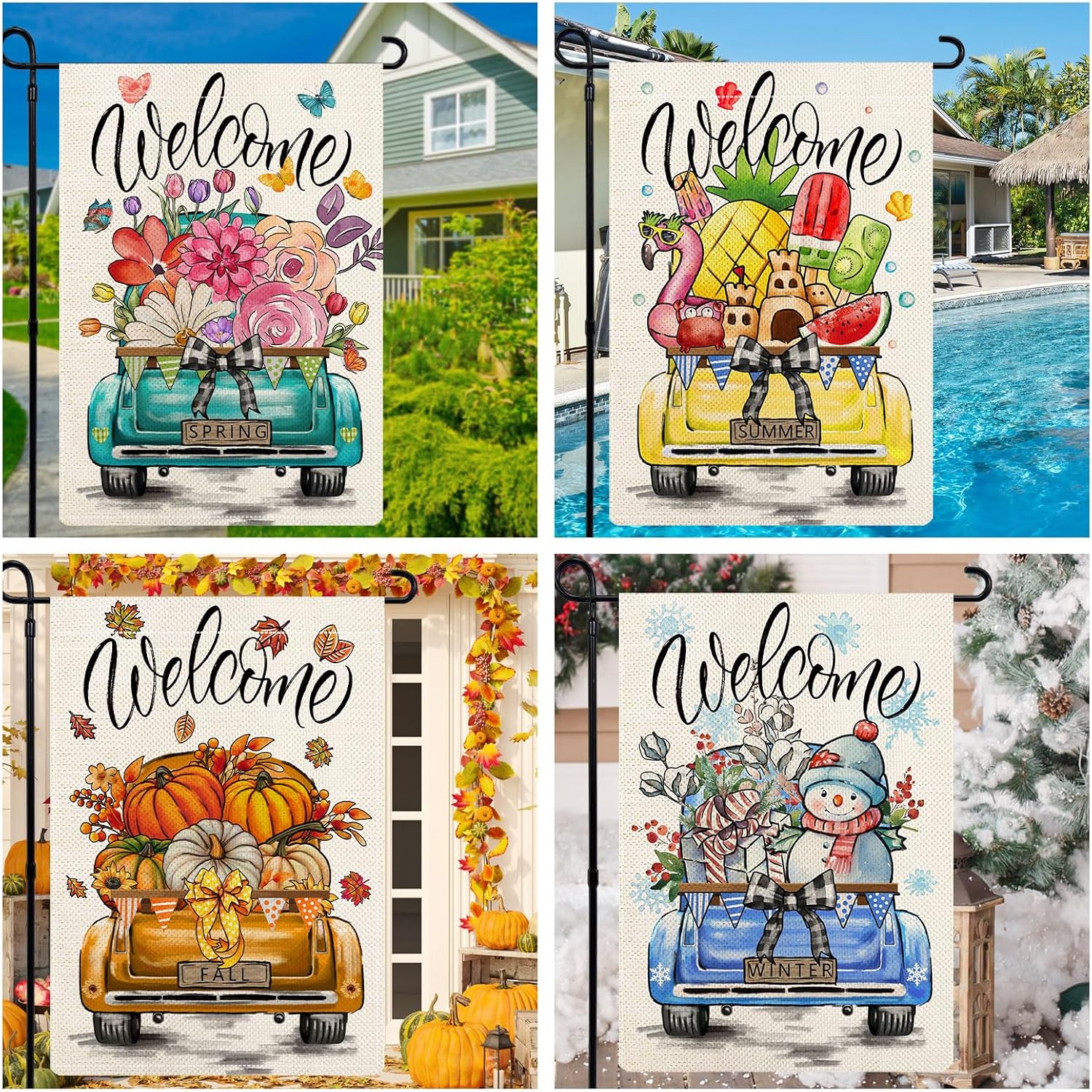 Rustic Truck Garden Flags for Outside Set of 12, Car Welcome Seasonal Garden Flags 12x18 Double Sided for All Seasons