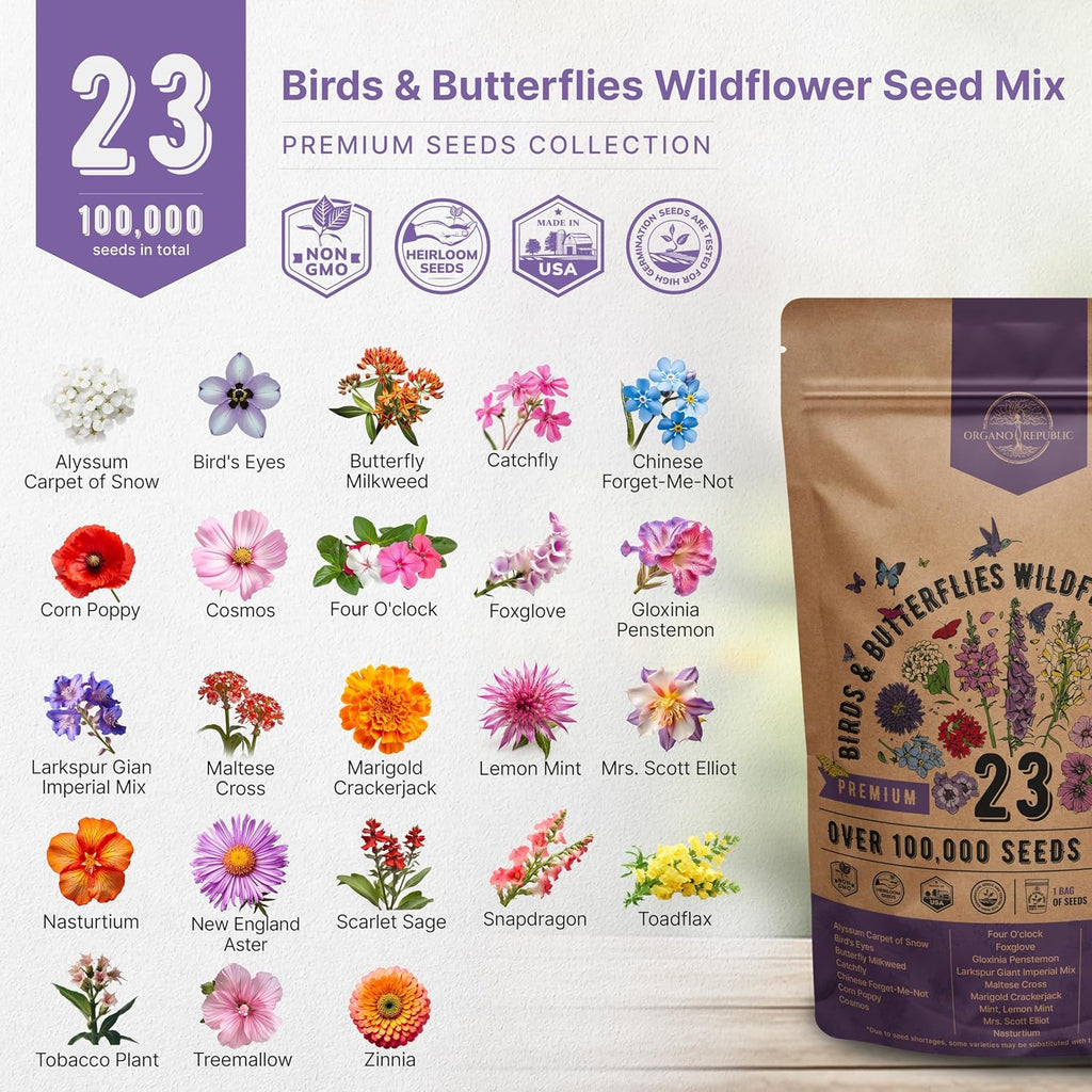 23 Wildflower Seeds Annual & Perennial Mix for Indoor & Outdoors, Attract Birds & Butterflies 100,000+ Non-GMO