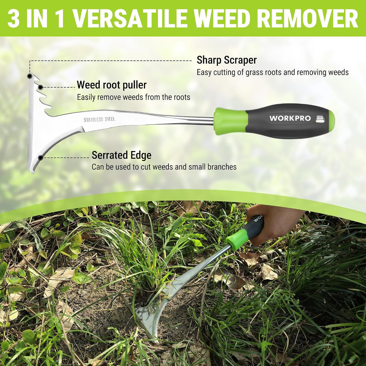 WORKPRO 3-Piece Weed Puller Tool Set | 15" 6-Tine Weed Remover, 12" Hand Weeder, 12.5" Crack Weeder, Stainless Steel