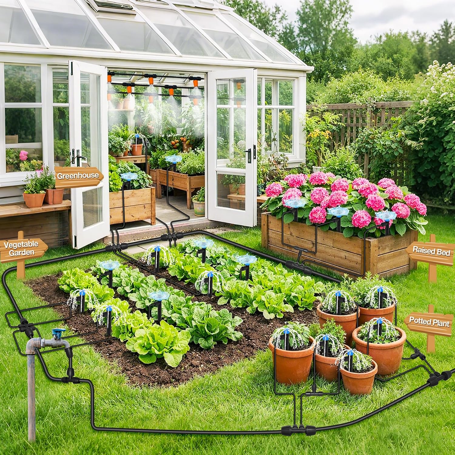 MIXC 250FT Drip Irrigation System Kit, Quick-Connect Garden Misting Watering System with 1/2” 1/4” Tubing Adjustable