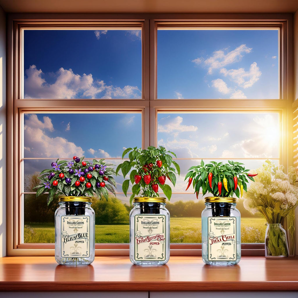 Micro Pepper Mason Jar Garden Kit (3 Pack) – Thai Chili, Filius Blue & Mini Red Bell Pepper – Indoor Hydroponic Pepper