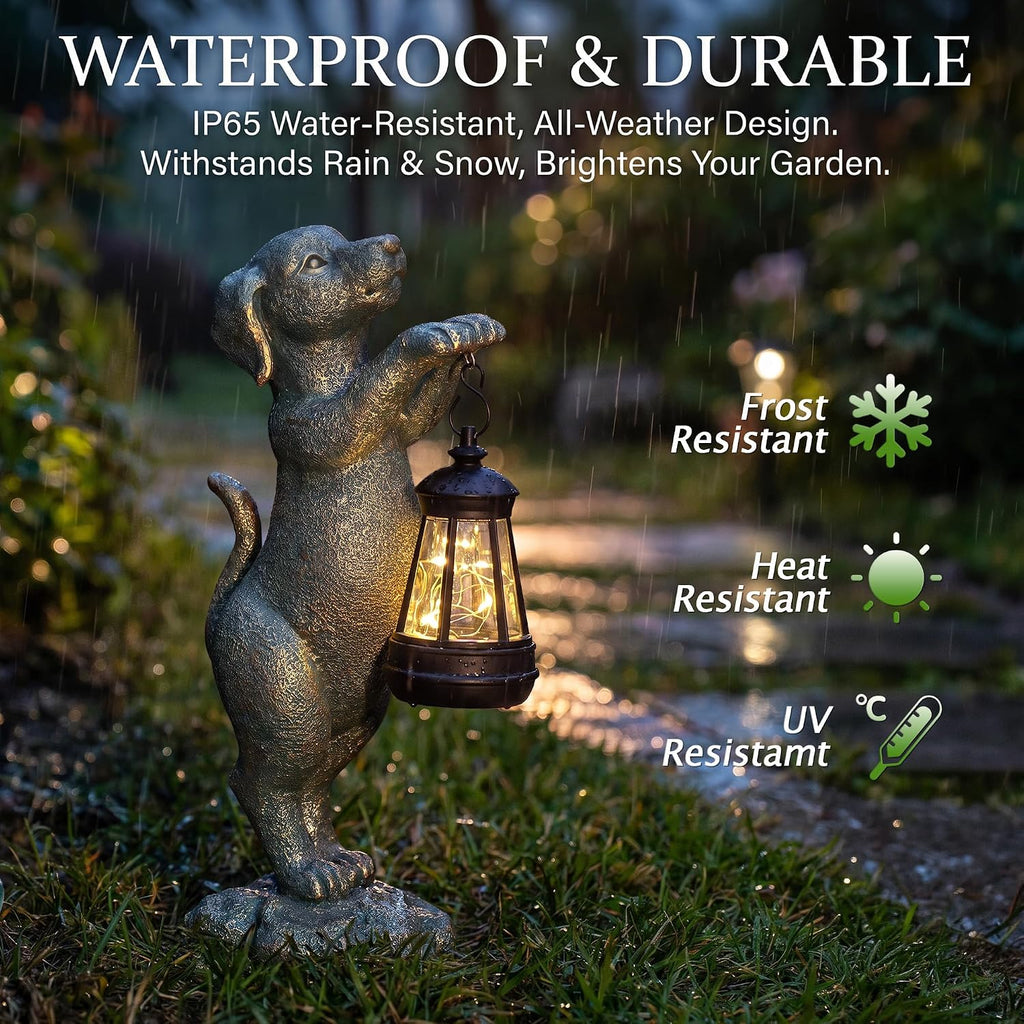 Solar Dog Garden Statue - Puppy Holding Lantern Outdoor Decor, Waterproof Resin Yard Art Figurine with Warm LED Light