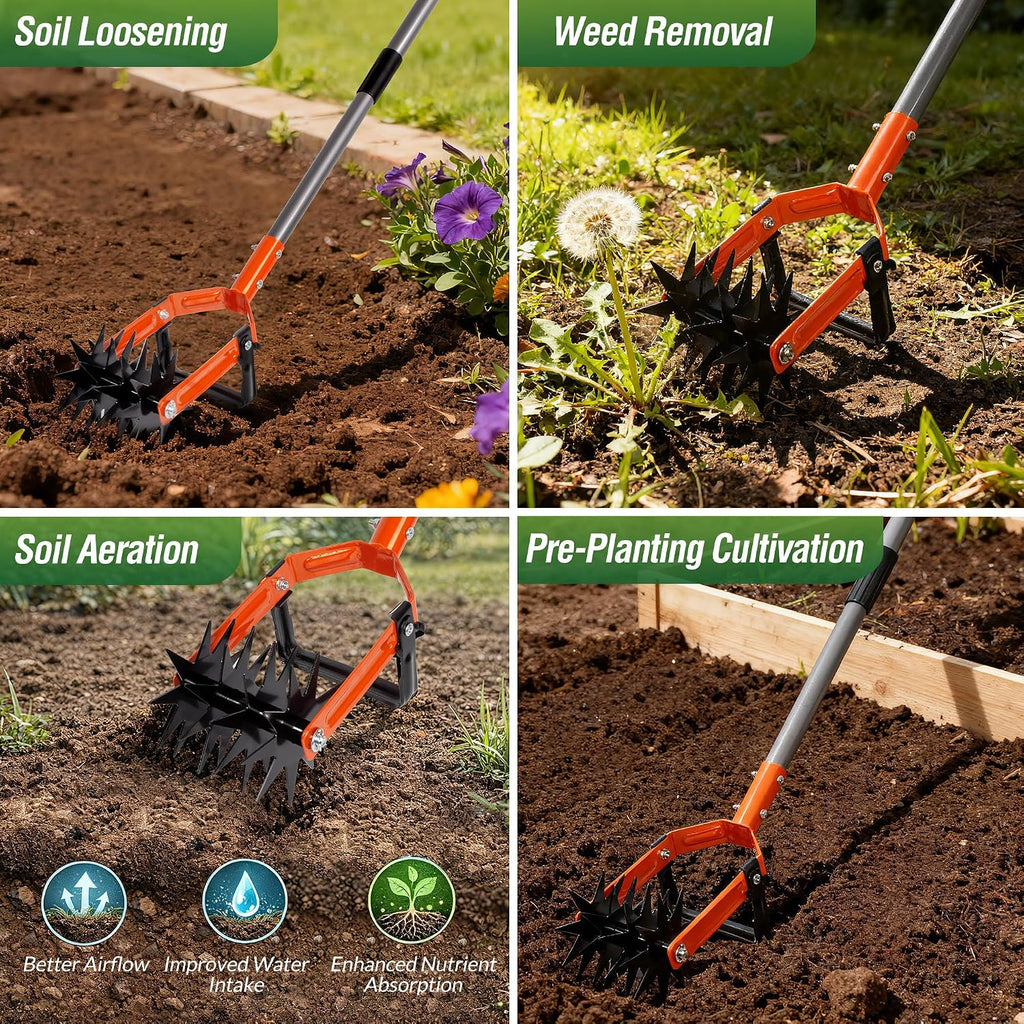 Walensee Rotary Cultivator Garden Tool, Tiller & Weeder & Stirrup Hoe | Star-shaped rotating tines break up soil