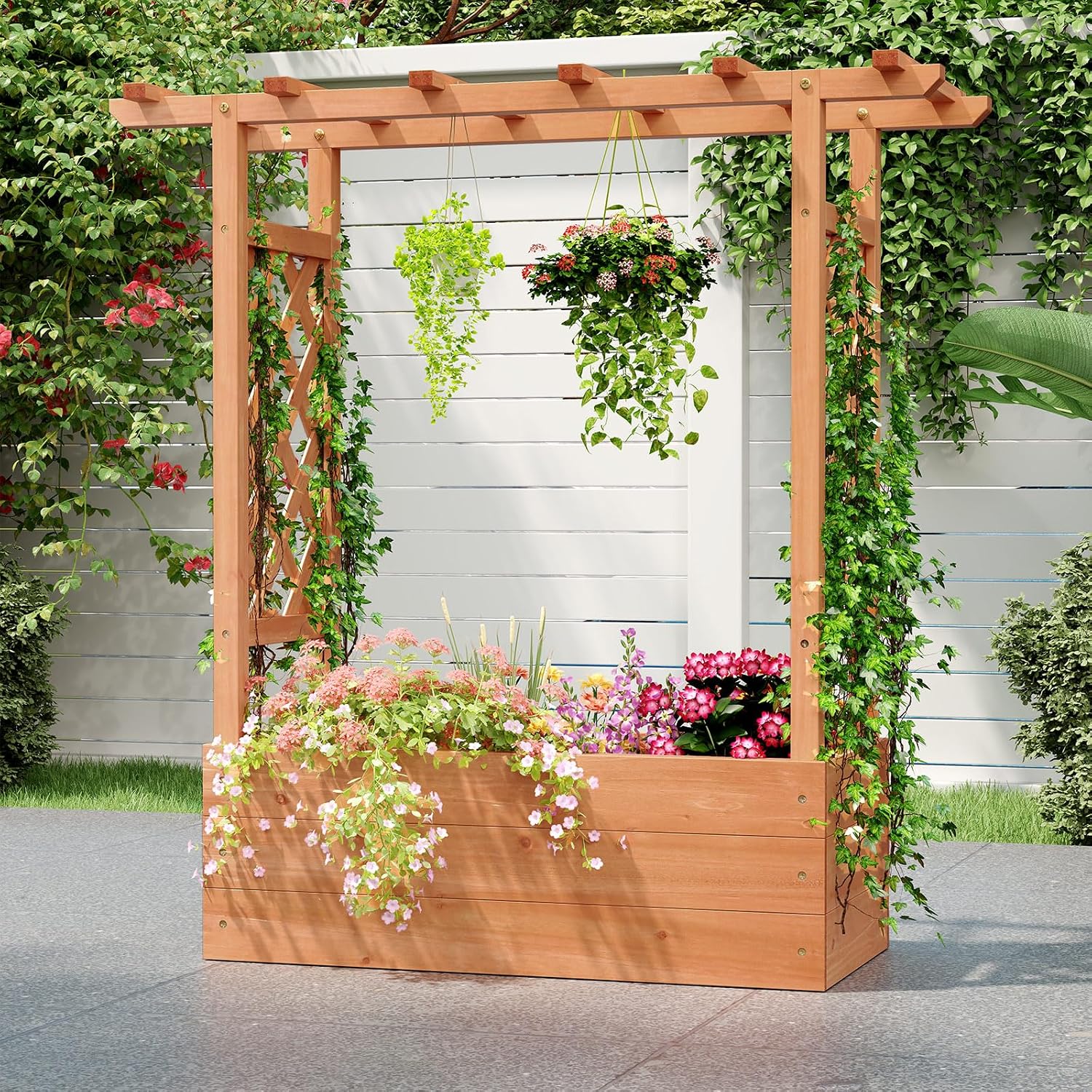 HAPPYGRILL Raised Garden Bed with Trellis & Hanging Roof, Drainage Holes | Wooden Elevated Planter Box w/Removable
