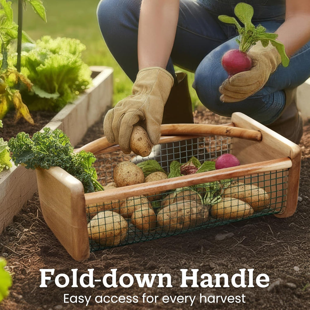 HOMESTEAD Garden Hod Harvest, Durable Acacia Wood Frame with Rotating Handle Basket, Farmhouse Basket for Home