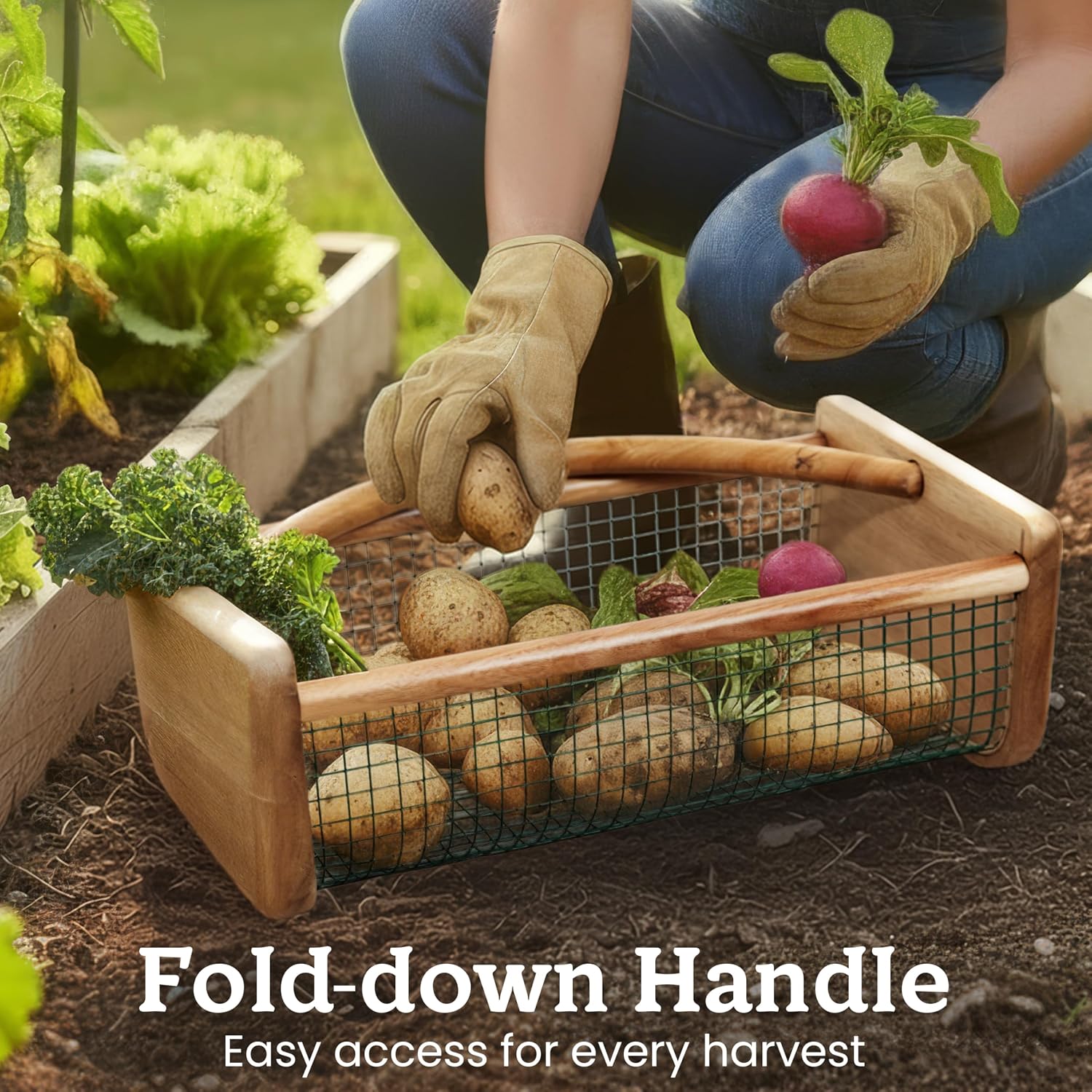 HOMESTEAD Garden Hod Harvest, Durable Acacia Wood Frame with Rotating Handle Basket, Farmhouse Basket for Home
