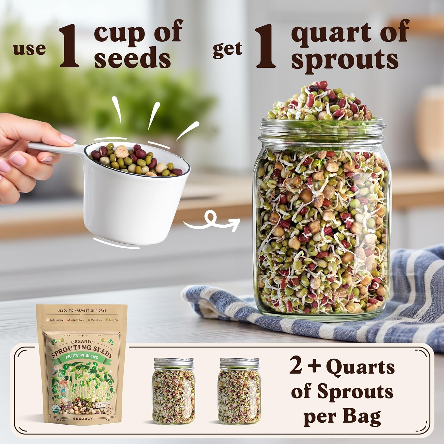Organic Non-GMO Sprouting Seeds 2-Pack (Superfood/Protein) | Two 8 oz Bags Make 14 Quarts / 56 Servings; USDA Certified