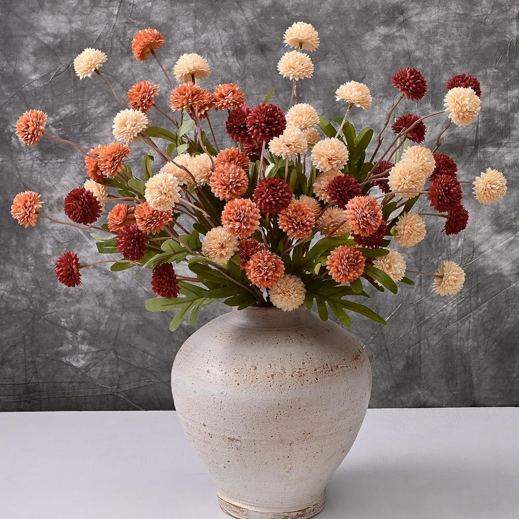 Floroom 9pcs Dark Red Burnt Orange Mix Faux Silk Mums Artificial Flowers, Bulk Fake Small Mini Chrysanthemums with Stems for DIY Wedding Centerpieces Floral Arrangements Vase Fillers Home Decorations