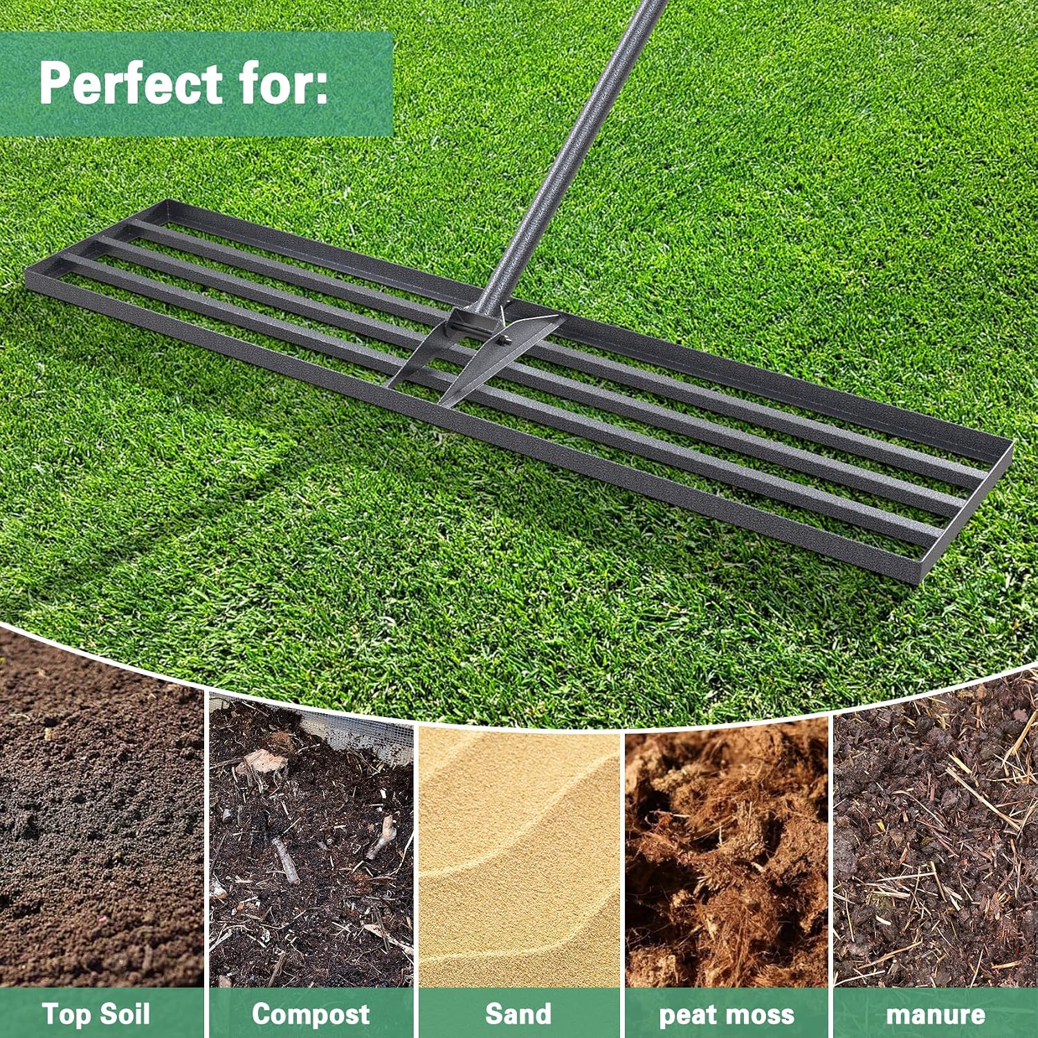 Lawn Leveling Rake 45"x10", Heavy Duty Rakes for Lawns with Anti-Rust Coating & Adjustable Handle, Effort-Saving Lawn