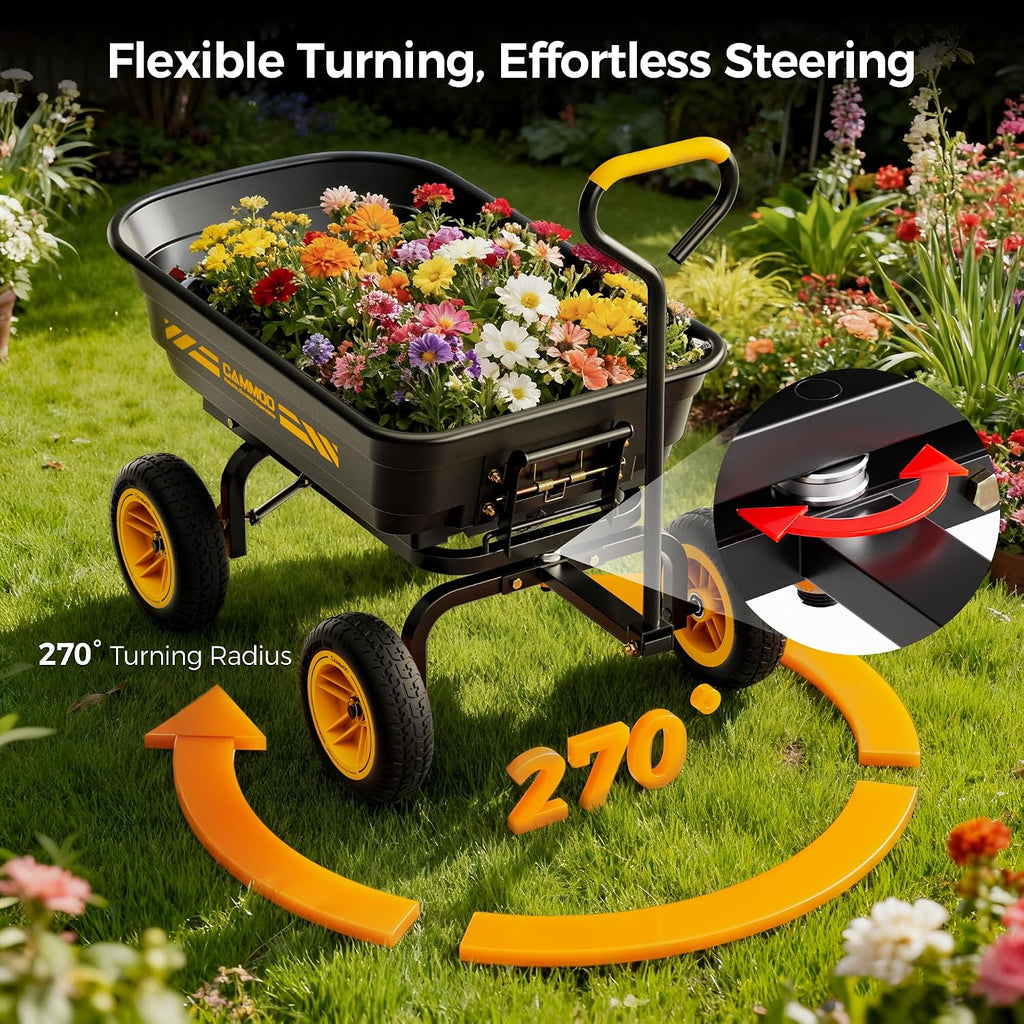 CAMMOO 10 Inch No-Flat Tires 600 lb Garden Dump Cart Wheelbarrow | Quick-Release Dump Bed and 4 Cu.Ft. Tub Move Mulch